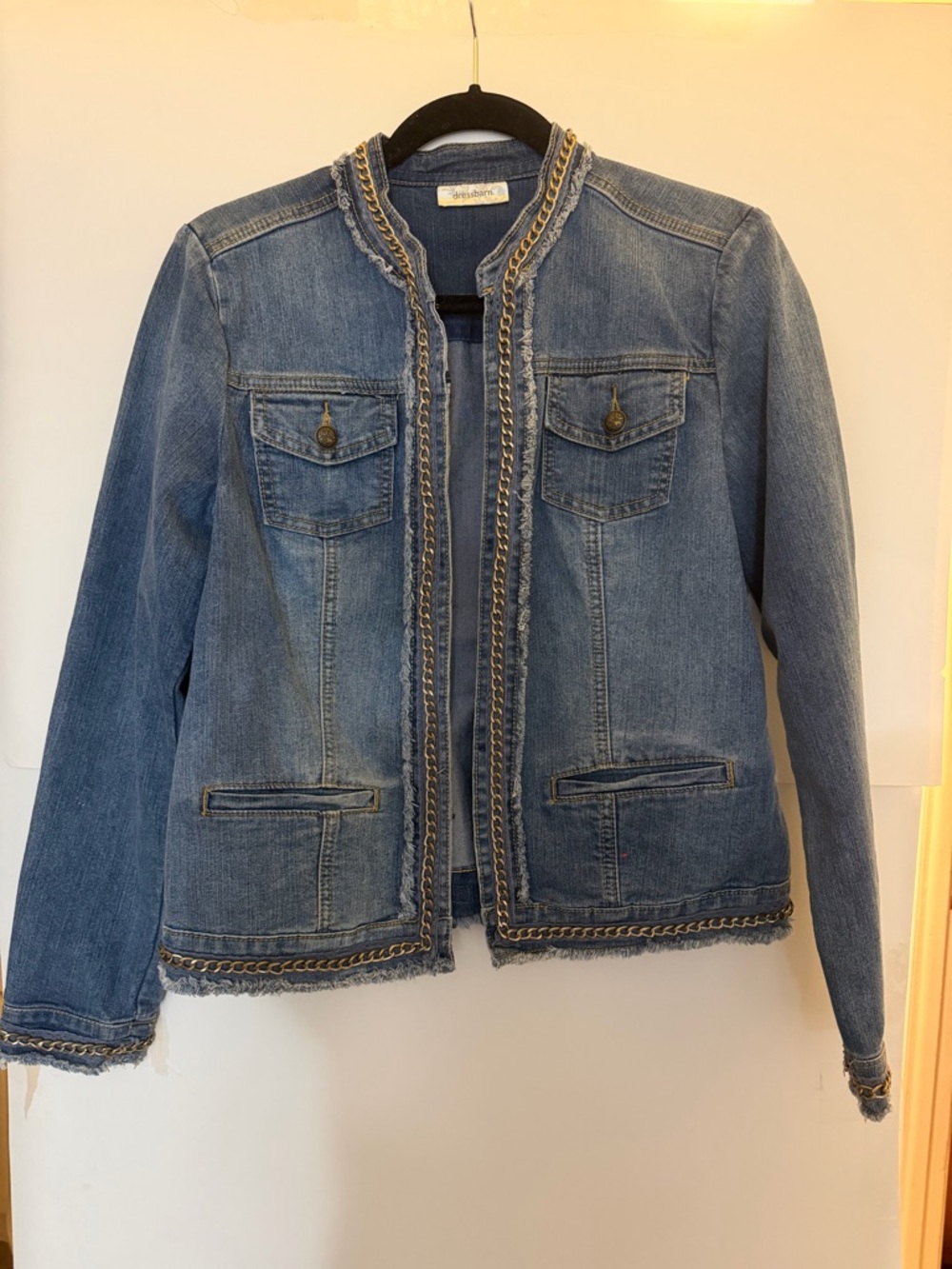 dressbarn Light Blue Denim Jacket with Chain Trim